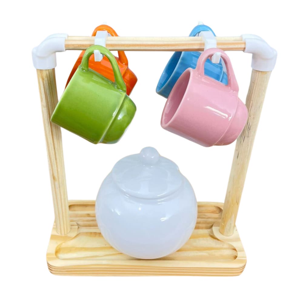 Kit 4 Xicaras 80ml Açucareiro 350ml c/suporte -Multicolorida