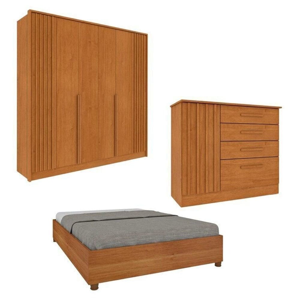 Quarto Completo 1 Guarda-Roupa 6 portas e 1 Cômoda Ripado Nova York e 1 Cama Casal Monaco Espresso Móveis Cinamomo