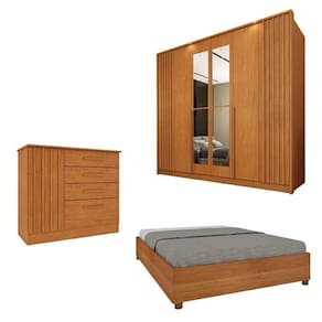 Quarto Completo 1 Guarda-Roupa com Espelho 1 Cômoda Ripado Nova York e 1 Cama Casal Mônaco Espresso Móveis Cinamomo