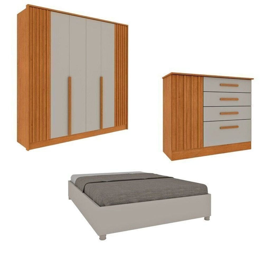 Quarto Completo 1 Guarda-Roupa 6 portas e 1 Cômoda Ripado Nova York e 1 Cama Casal Mônaco Espresso Móveis Cinamomo/Off White