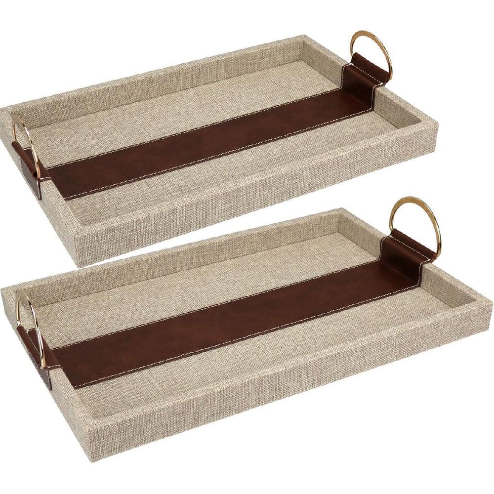 Jogo 2 Bandejas Decorativa Para Servir Retangular Home&Co Com Alças Em Metal Dourado Mdf Bege