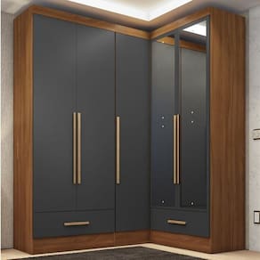 Quarto Modulado De Canto 3 Peças 5 Portas 2 Gavetas Com Espelho Smart Plus Cinamomo/Cinza