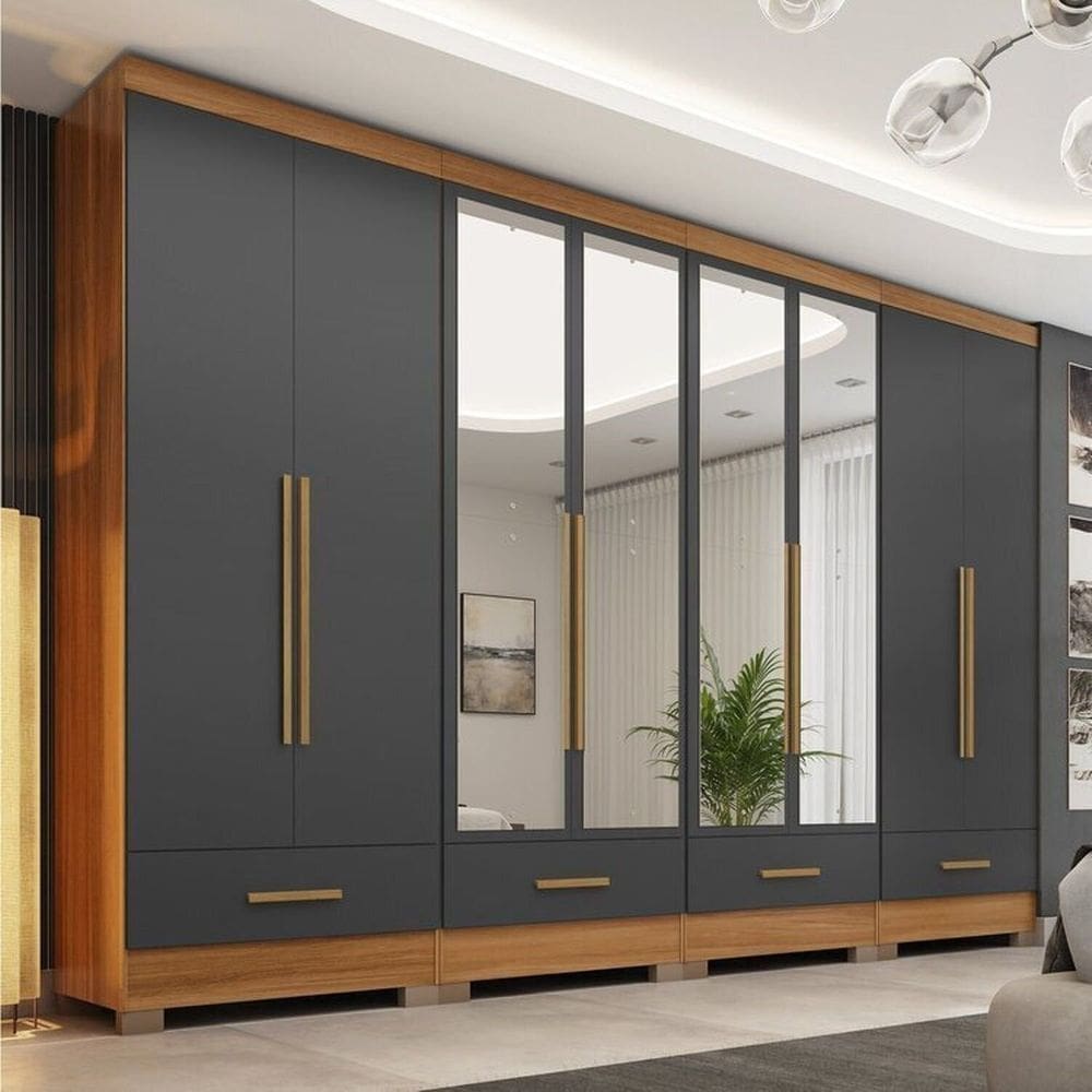 Quarto Modulado 4 Peças 8 Portas 4 Gavetas com Espelhos Smart Plus Cinamomo/Cinza