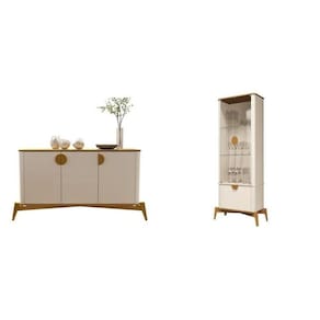 Conj Cristaleira e Buffet Buriti com Os Cantos Curvos, Puxador e Pés em Madeira Maciça OffWhite/Marrom