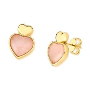 Brinco Coração Quartzo Rosa Dourado Semijoia Lizzy Fatin