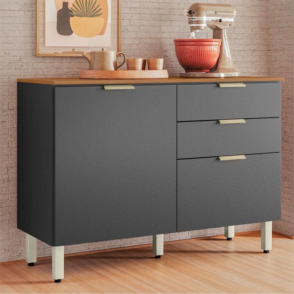 Balcão de Cozinha Ambiente Alba 120cm Amêndola Grafito Prime TX com Tampo - Demóbile