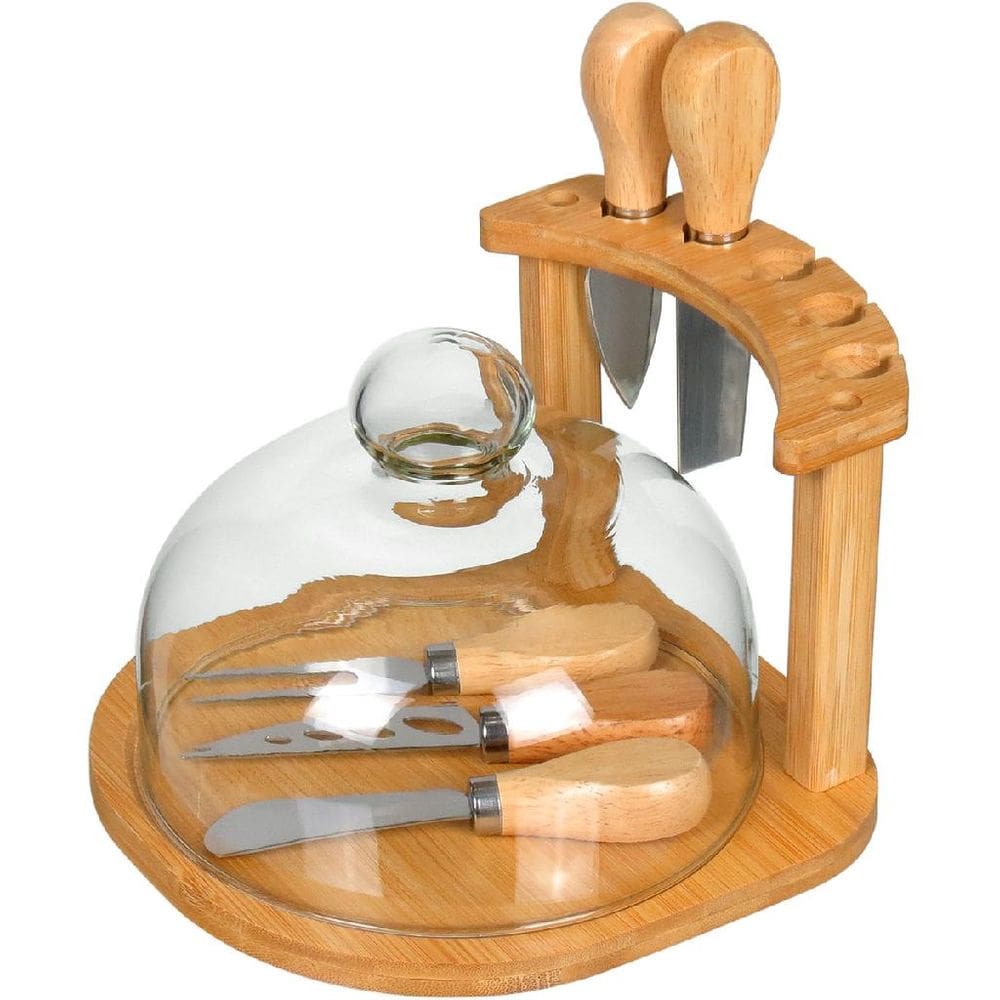 Jogo 7 Peças Para Queijo Home&Co Com Tampa De Vidro Bambu