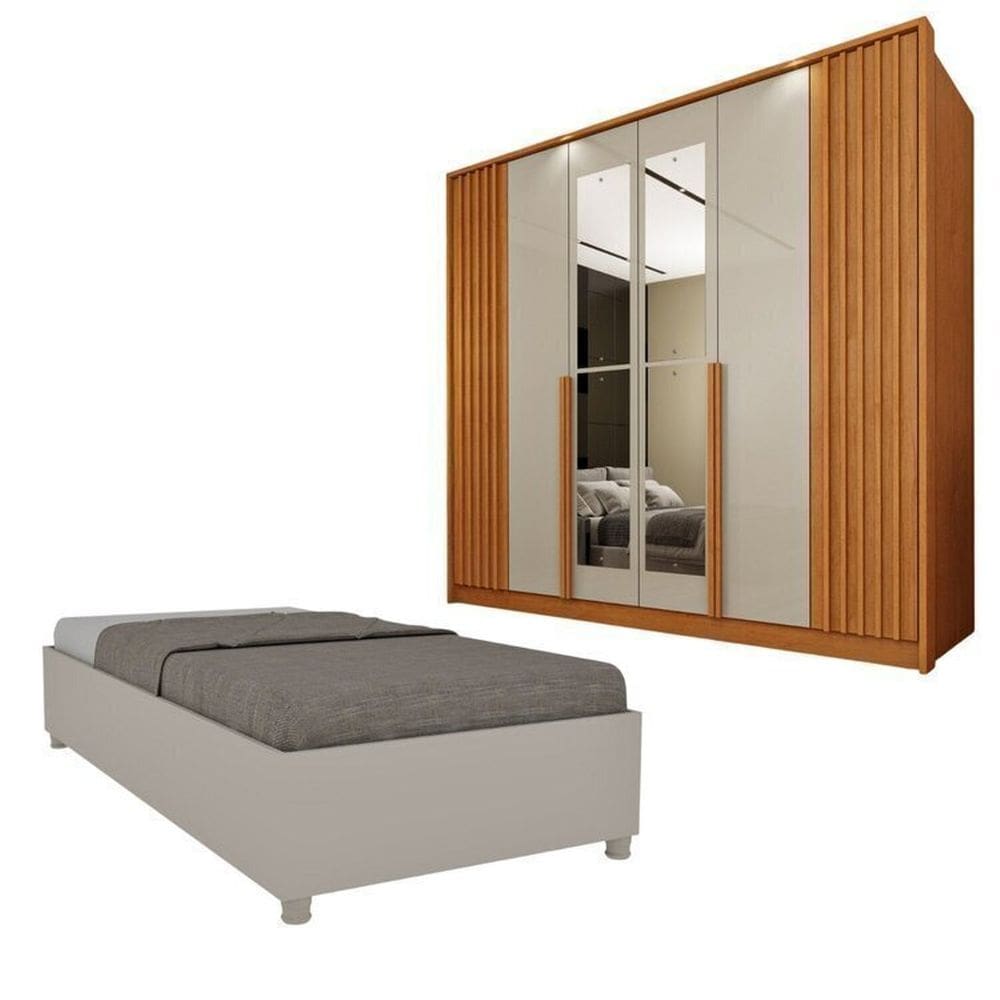 Guarda-Roupa 6 portas com Espelho Ripado Nova York e Cama Solteiro Monaco Espresso Móveis Cinamomo/Off White
