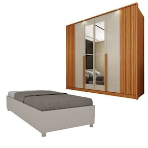 Guarda-Roupa 6 portas com Espelho Ripado Nova York e Cama Solteiro Monaco Espresso Móveis Cinamomo/Off White