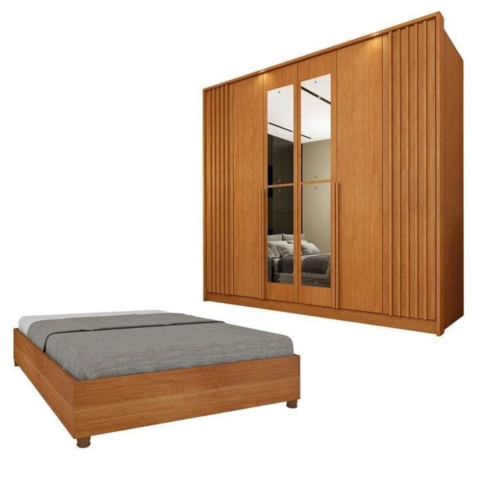 Guarda-Roupa 6 portas com Espelho Ripado Nova York e Cama Casal Queen Monaco Espresso Móveis Cinamomo