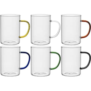 JOGO 6 CANECA XÍCARA HOME&CO C/ALÇA COLORIDA BOROSSILICATO 450ml 11x8x8cm TRANSPARENTE