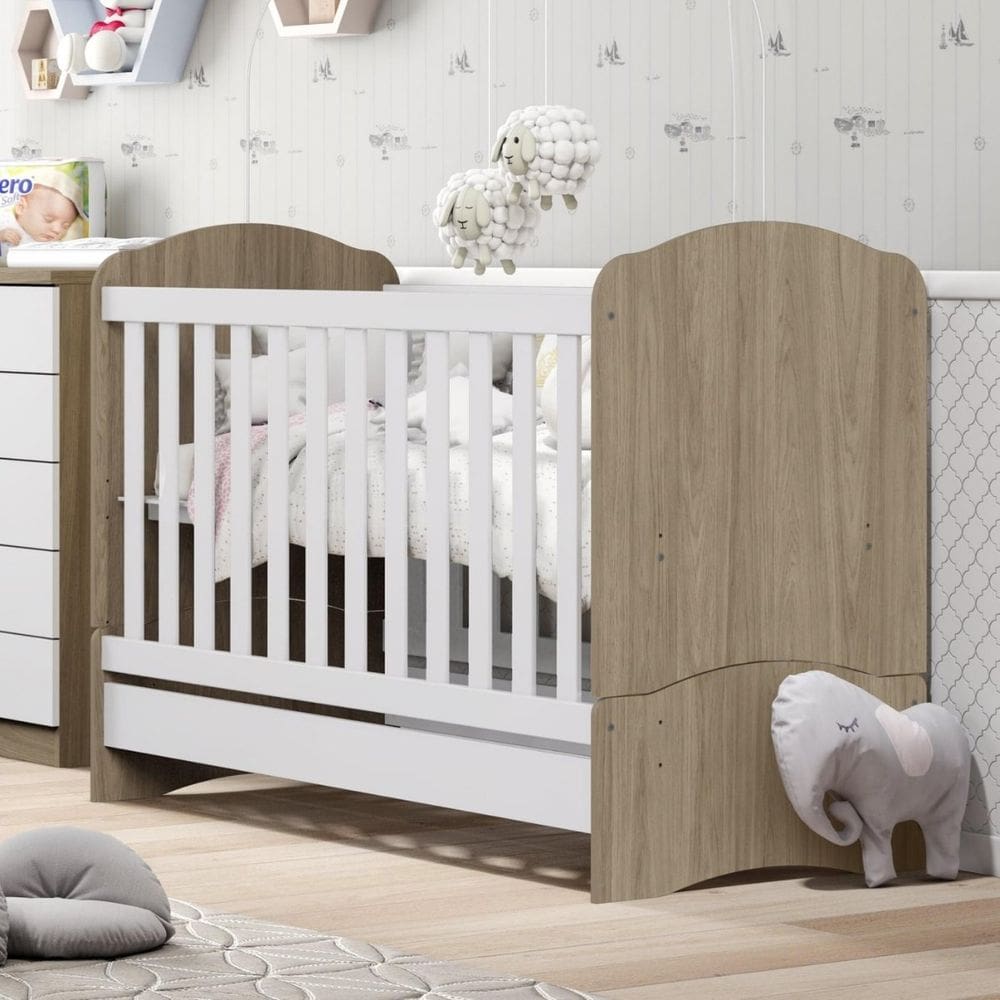 Berço Mini-cama 2 em 1 - Bala de Menta - Rústico / Branco