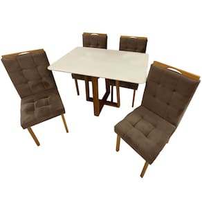 Mesa de Jantar Pedro 120x80cm com 4 Cadeiras Art Assentos Cor Off White com Assento Marrom