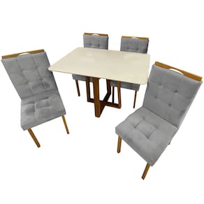 Mesa de Jantar Pedro 120x80cm em Linho com 4 Cadeiras Art Assentos Cor Off White com Assento Prata