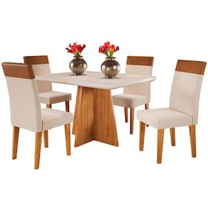 Mesa de Jantar Viena 120x90cm com 4 Cadeiras Turim Tecido Linho Viero Cor Off White com Tecido Bege