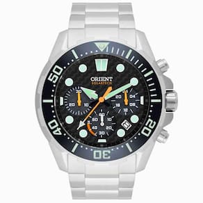 Relógio de Pulso Orient Solar Masculino Cronógrafo Calendário Analógico Aço Inóx Prova Dágua 30 ATM Robusto Redondo Casual Prata MBSSC260 P1SX