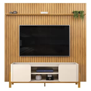 Painel TV 75 Pol Ripado 250cm e Bancada Chest D04 Off/Cedro - Mpozenato