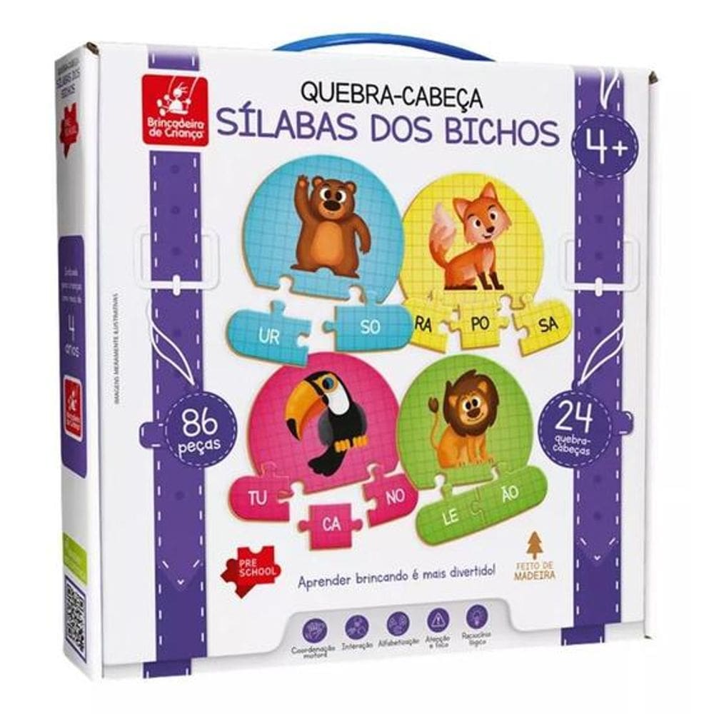 Quebra-Cabeça Sílabas dos Bichos 86 PÇ  Brincadeira de Criança  2297