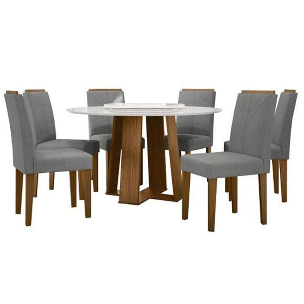 Sala de Jantar Isabela 1,35m com Tampo Giratorio e 6 Cadeiras Amanda Ype/Off White /Linho Cinza Claro - FdECOR