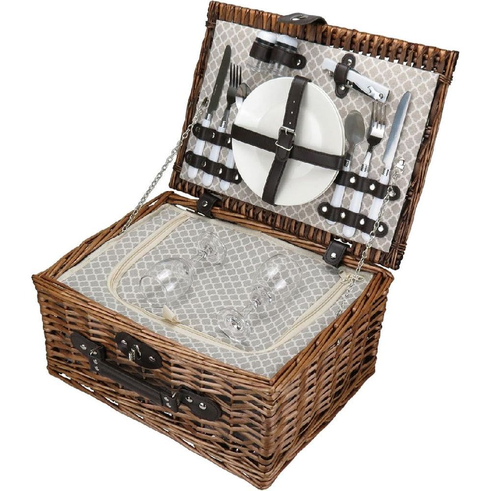 JOGO 14 PEÇAS CESTA PICNIC PARA 2 PESSOAS HOME&CO COM BOLSA TERMICA FIBRA NATURAL 20x40x30cm MARROM