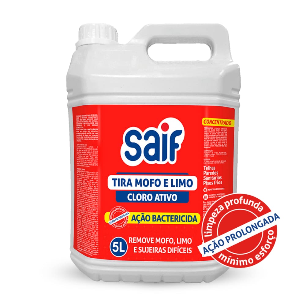 Limpador Tira Mofo E Limo Cloro Concentrado Saif 5L, Removedor De Limo E Mofo Com Cloro Ativo, Vermelho, Remove Mofo, Li