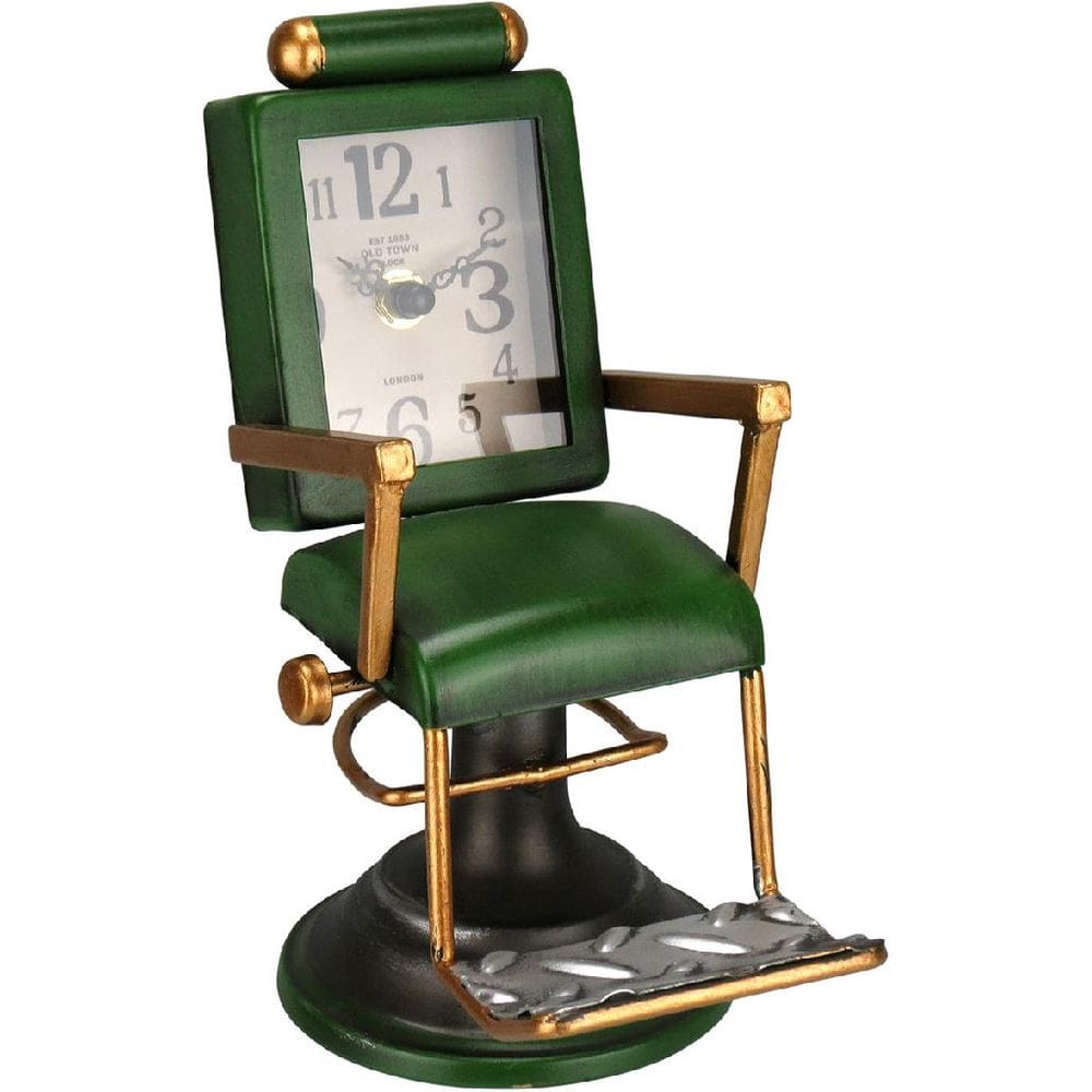 RELOGIO DE MESA DECORATIVO VINTAGE POLTRONA BARBEIRO HOME&CO METAL 20x10x17cm VERDE