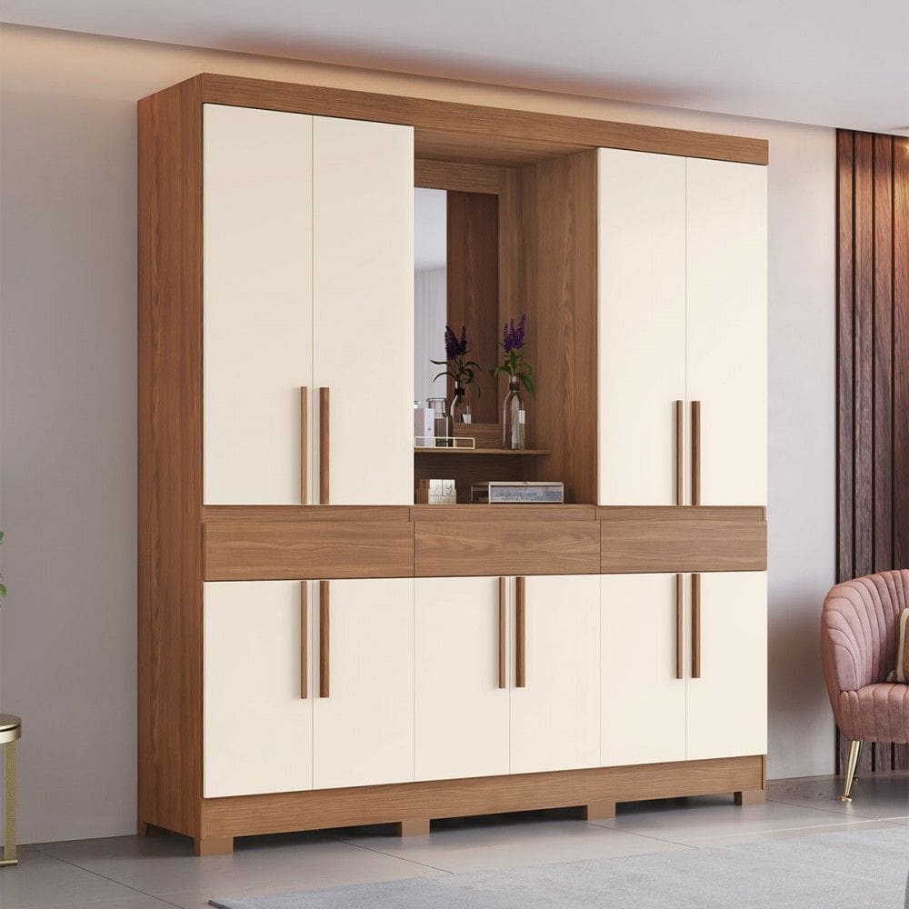 Guarda-Roupa Casal B374 10 Portas 3 Gavetas com Espelho Natural/Off White - Briz