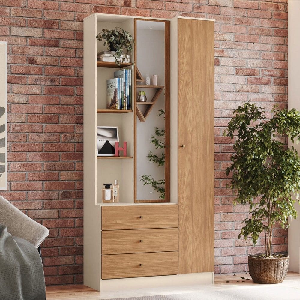 Guarda-Roupa Solteiro Doha 2 Porta 3 Gavetas com Espelho Off White/Natural - Henn