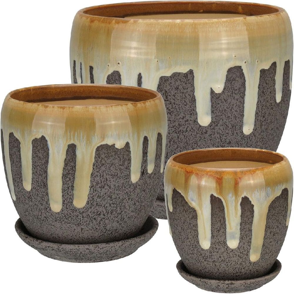 Jogo 3 Peças Vaso Cachepô Planta Home&Co Cerâmica Cinza