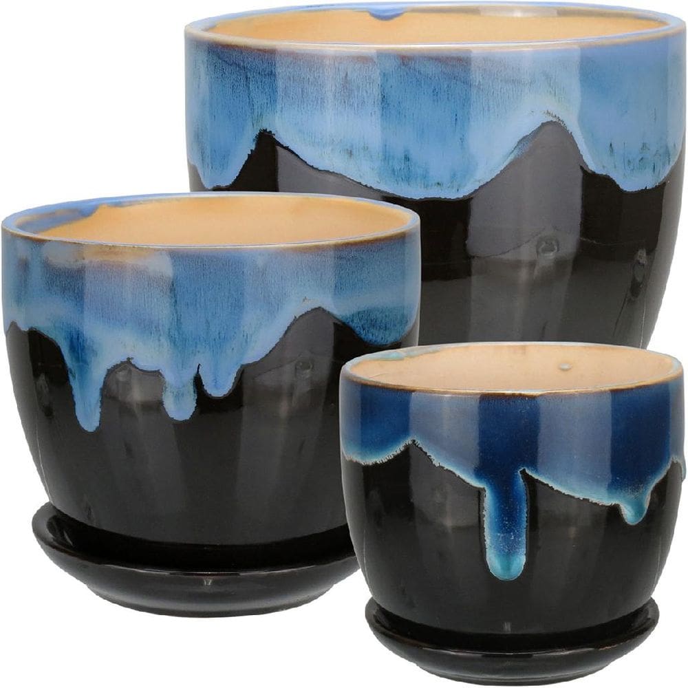 Jogo 3 Peças Vaso Cachepô Planta Home&Co Cerâmica Azul