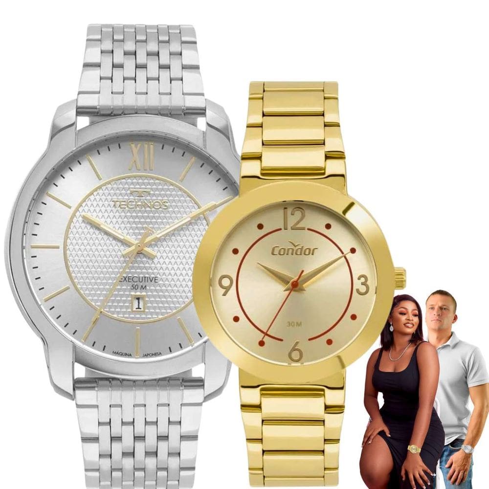 Kit Relógios Pulso Technos Masculino Prata 2117LEK/1K + Euro Feminino Dourado EU2035YT / Condor Dourado COPC21AEDC/4D Prova D Agua Aço Inóx
