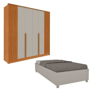 Guarda-Roupa 6 portas com Espelho Ripado Nova York e Cama Solteiro Monaco Espresso Móveis Cinamomo/Off White