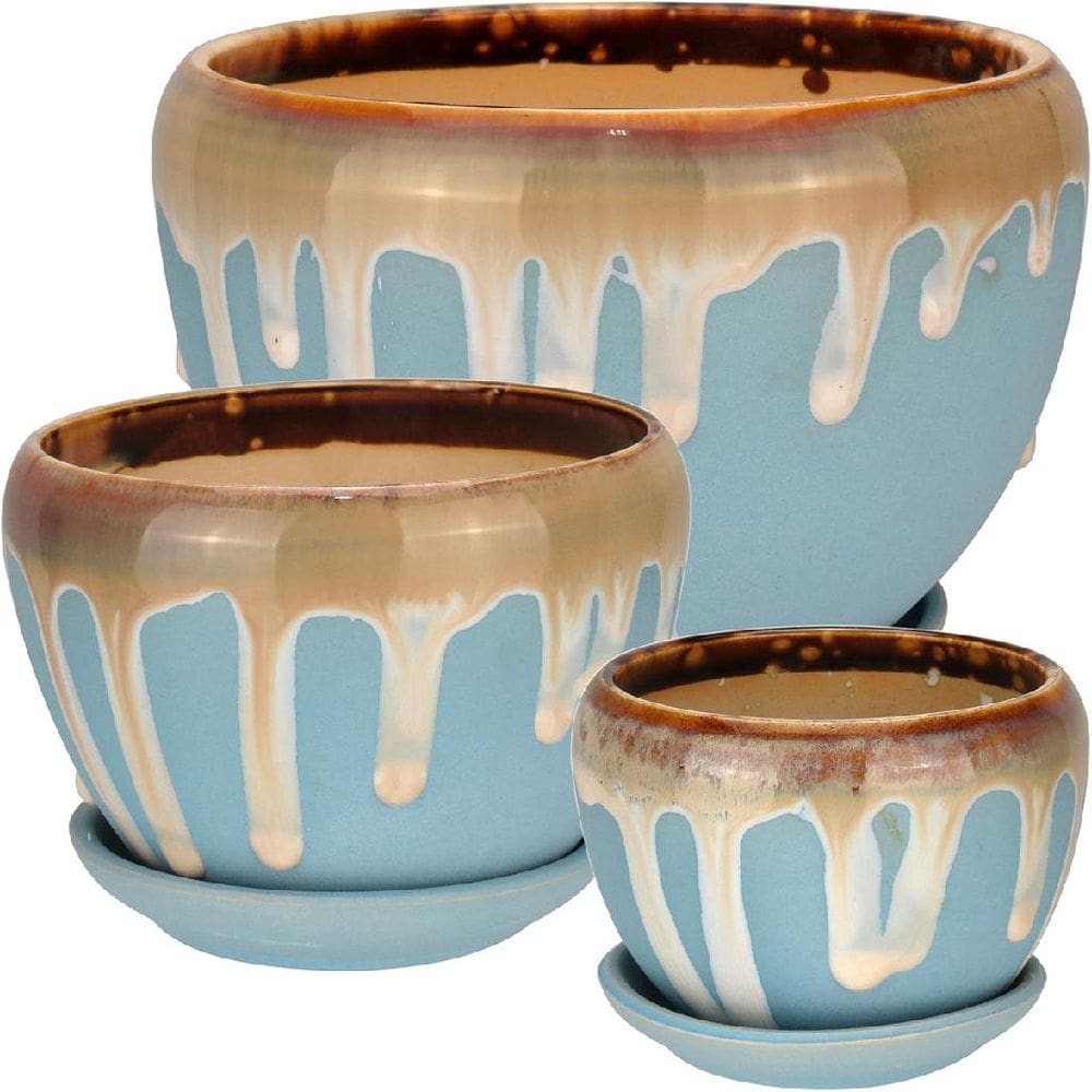 Jogo 3 Peças Vaso Cachepô Planta Home&Co Cerâmica Gelo