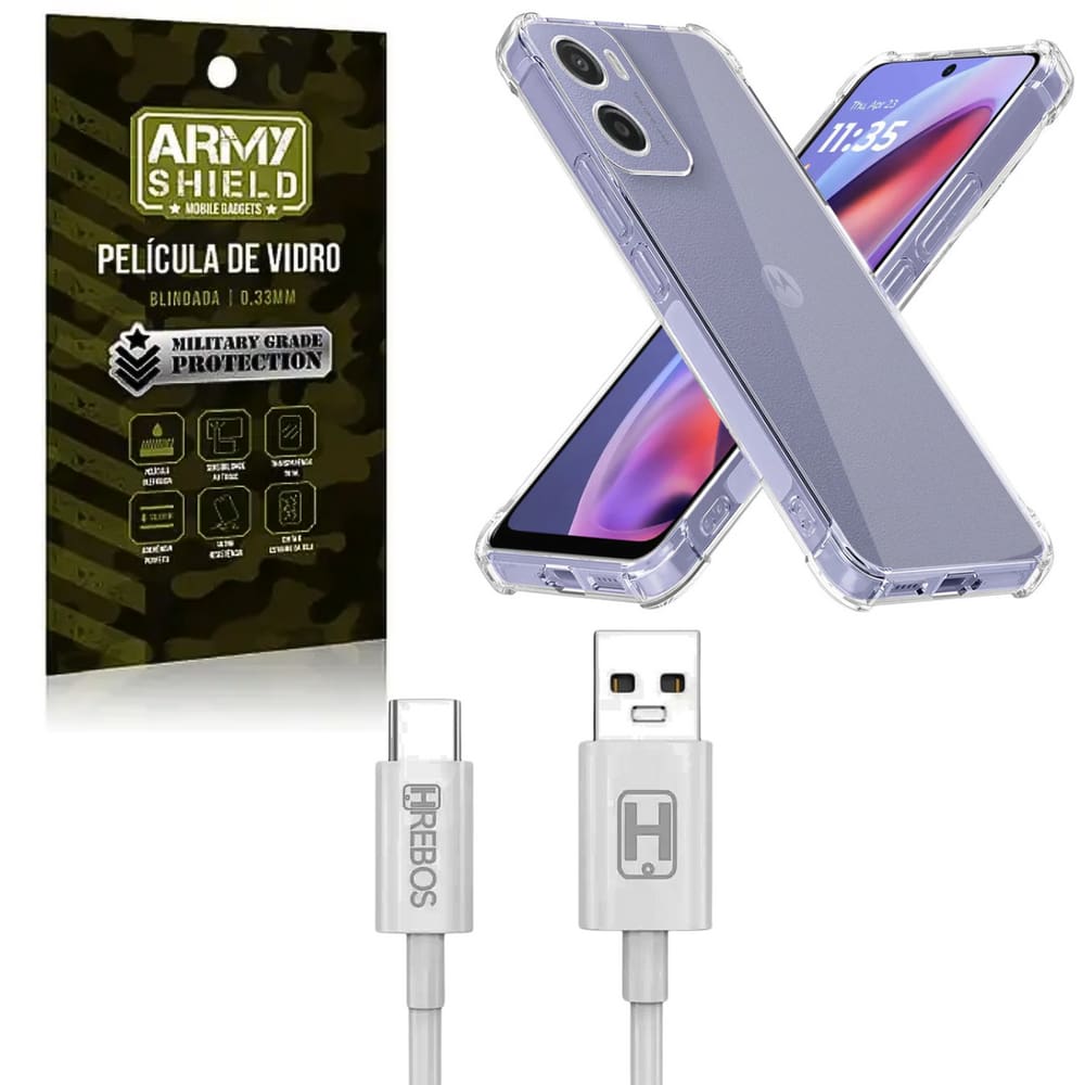 Kit Capinha AntiShock P/ Moto G35 + Cabo Tipo-C 2 Metros + Pelicula 3D - ArmyShield