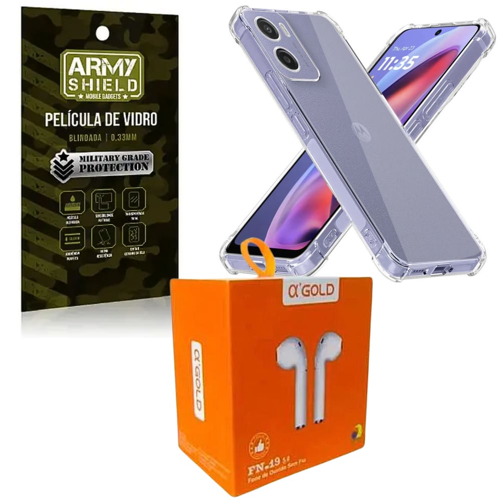 Kit Capinha AntiShock P/ Moto G55 + Fone Bluetooth + Pelicula 3D - ArmyShield