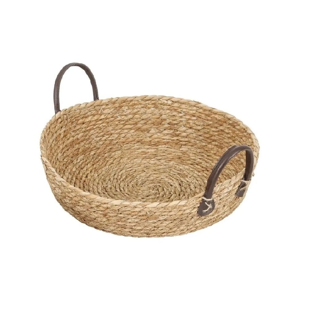 Bandeja Natural Seagrass Redonda com Alça de Couro - M 30x30x7cm