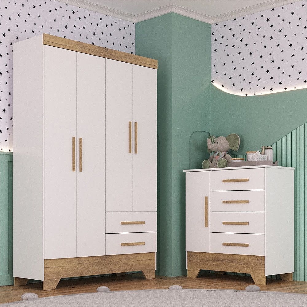 Quarto Infantil Guarda Roupa 4 Portas e Cômoda Catavento Rodial
