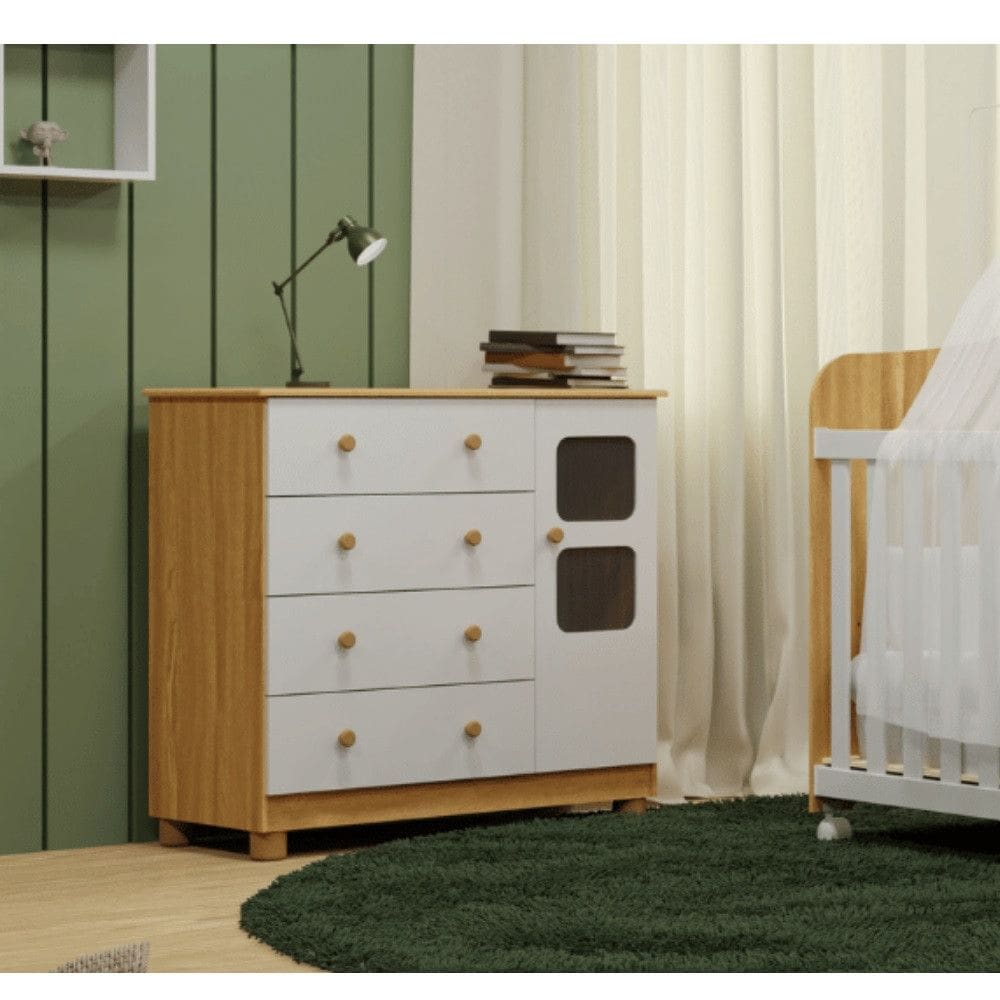 Cômoda Infantil 4 Gavetas 1 Porta com Janela e Pés 100 MDF Uli New Móveis Peroba