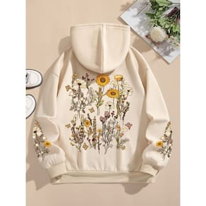 Moletom Feminino Bege Floral com Capuz ElaShopp