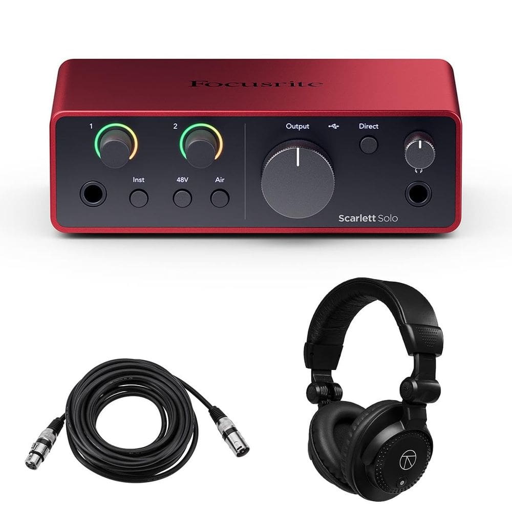 Interface de áudio Focusrite Scarlett Solo 4th Gen com fones de ouvido