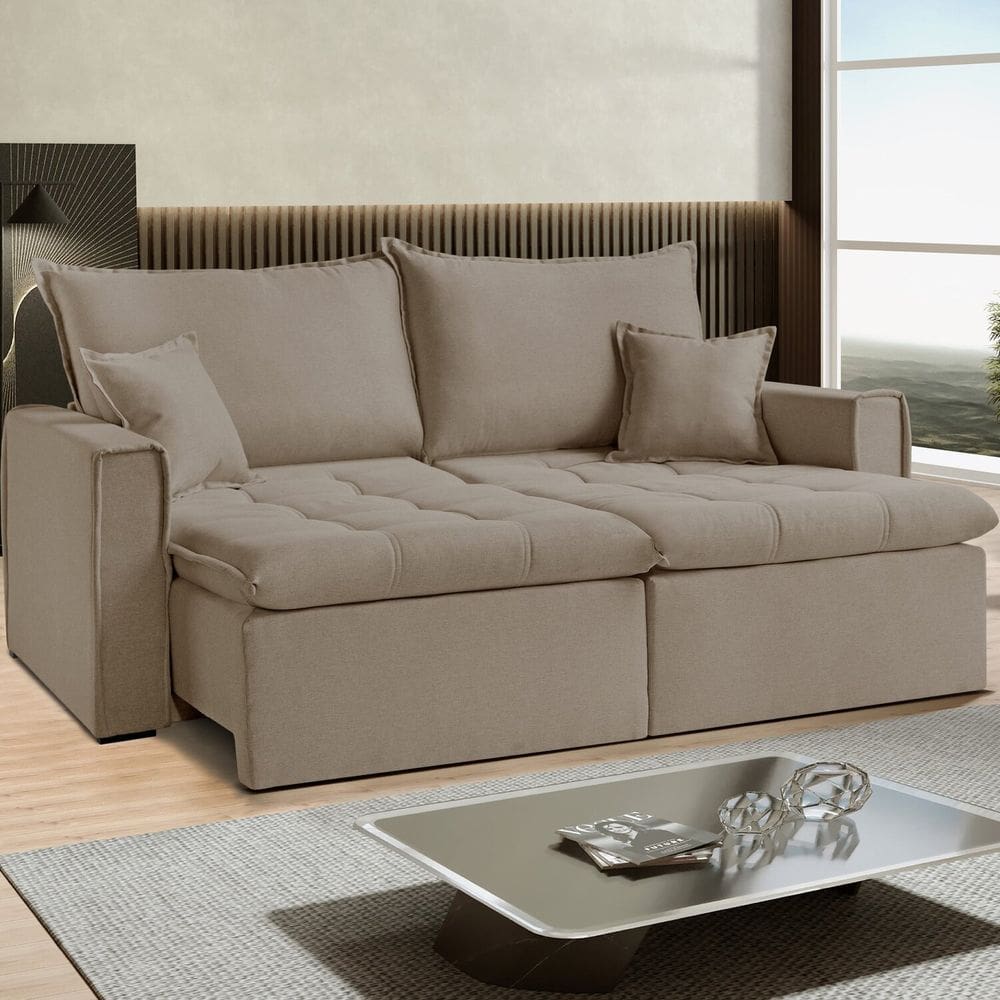 Sofá Cama Dallas 230 Cm sem Caixa Veludo Bege Castor