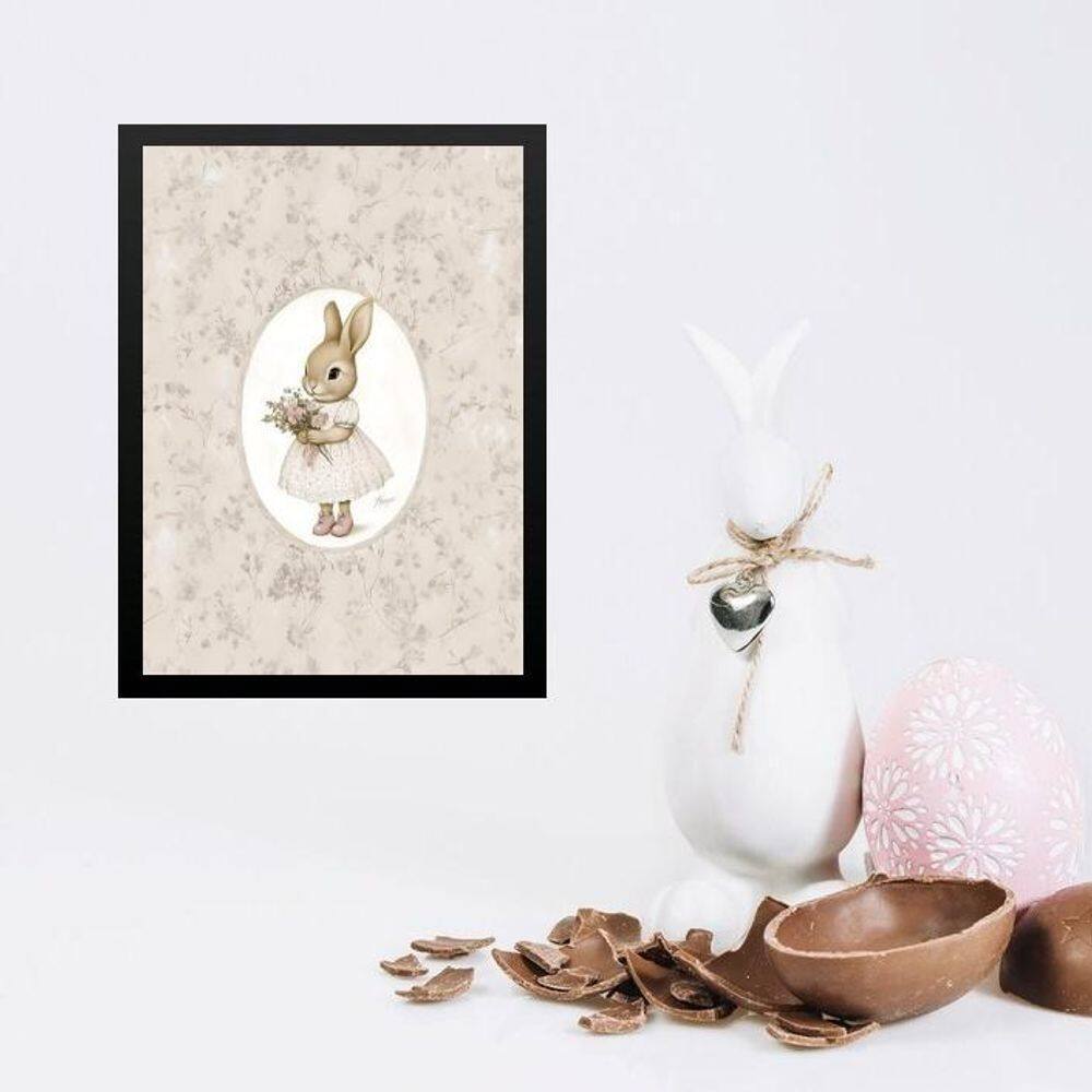 Quadro Coelhinha Fundo Floral Vintage 33X24Cm - Com Vidro