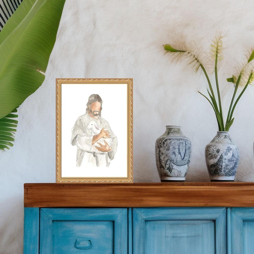 Quadro Moldura Dourada Jesus Com Cordeiro 45X34Cm