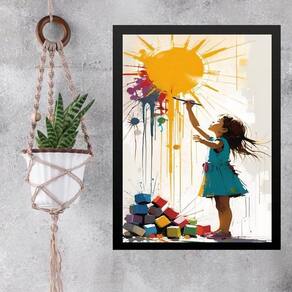Quadro Decorativo Arte Criança Pintando Sol 33X24Cm - Vidro