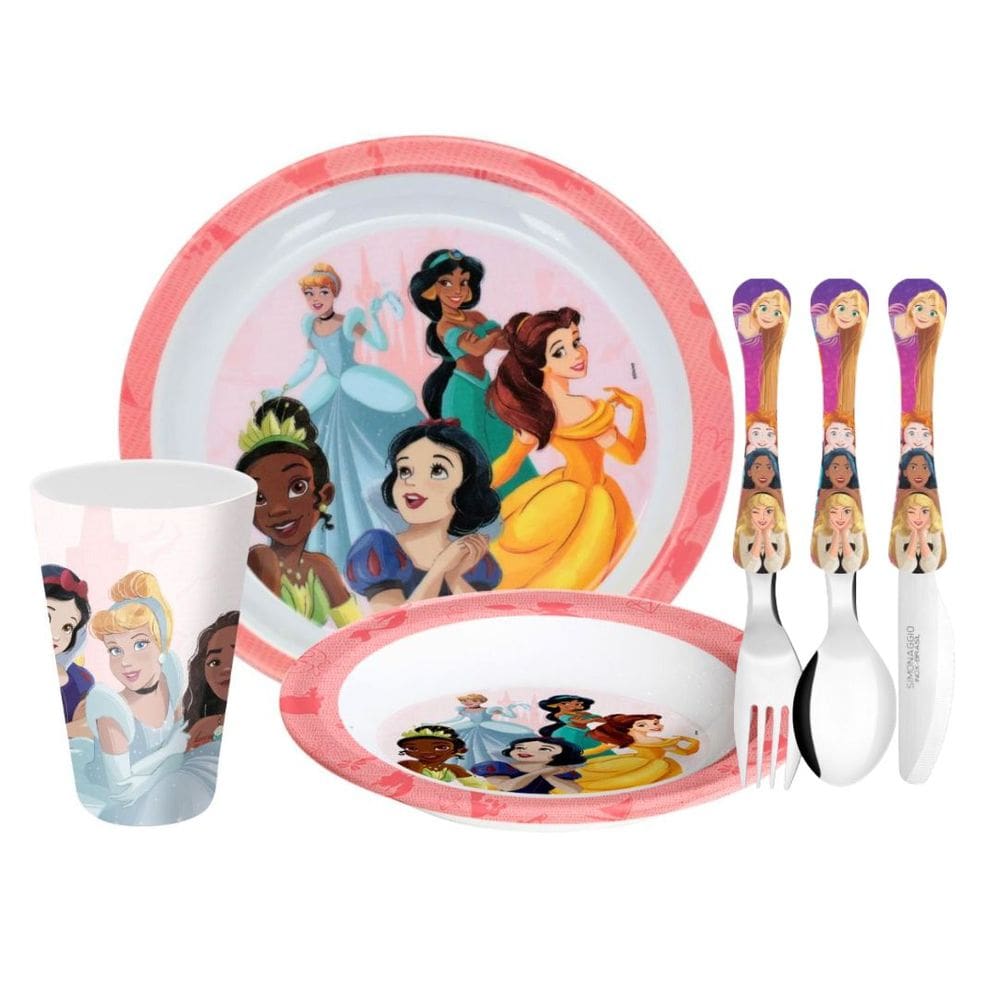 Kit Refeição Infantil Princesas Disney 6 Peças Prato, Tigela, Copo e Talheres - Tuut
