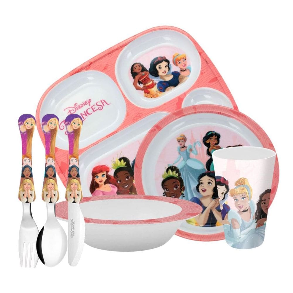 Jogo Refeição Infantil Princesas Disney 7 Peças Bandeja Divisória, Prato Fundo, Tigela, Copo e Talheres- Tuut