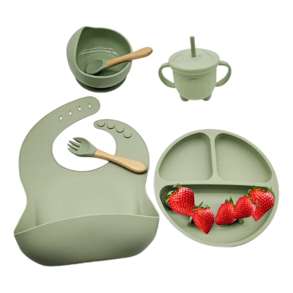 Conjunto De Talheres Infantis, Talheres De Silicone, Prato Cor Verde Escuro