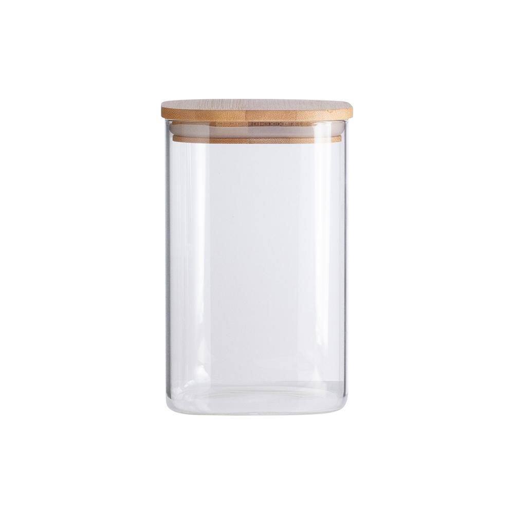 Pote 1,1L De Vidro Flat Com Tampa De Bambu Quadrado