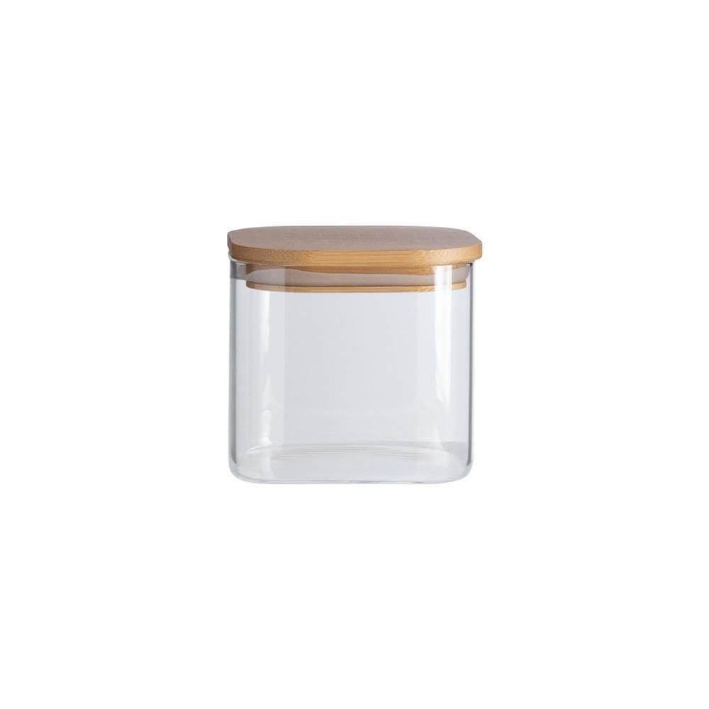 Pote 600Ml De Vidro Flat Com Tampa De Bambu Quadrado