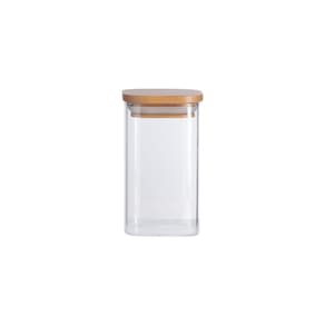 Pote 250Ml De Vidro Flat Com Tampa De Bambu Quadrado